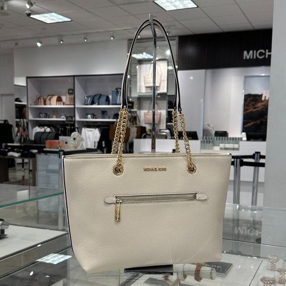 Michael Kors Jet Set Item MD Front Pocket Shoulder Chain Tote Bag Light Cream - Picture 2 of 10